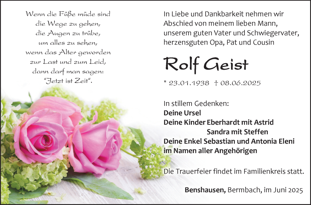  Traueranzeige für Rolf Geist vom 21.06.2025 aus Südthüringer Presse