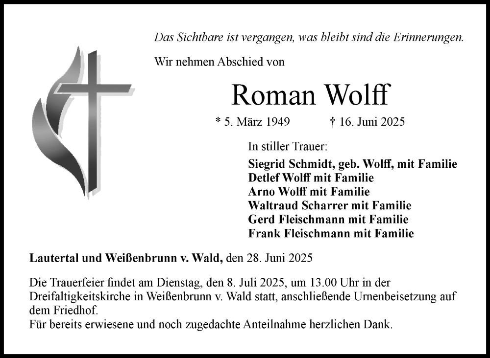 Traueranzeige für Roman Wolff vom 28.06.2025 aus Neue Presse Coburg