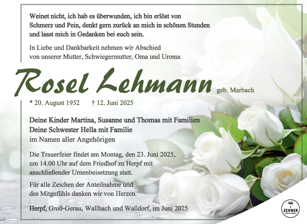  Traueranzeige für Rosel Lehmann vom 18.06.2025 aus Südthüringer Presse