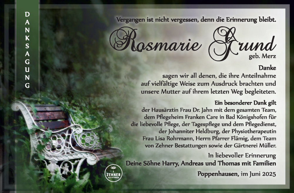  Traueranzeige für Rosmarie Grund vom 07.06.2025 aus Südthüringer Presse