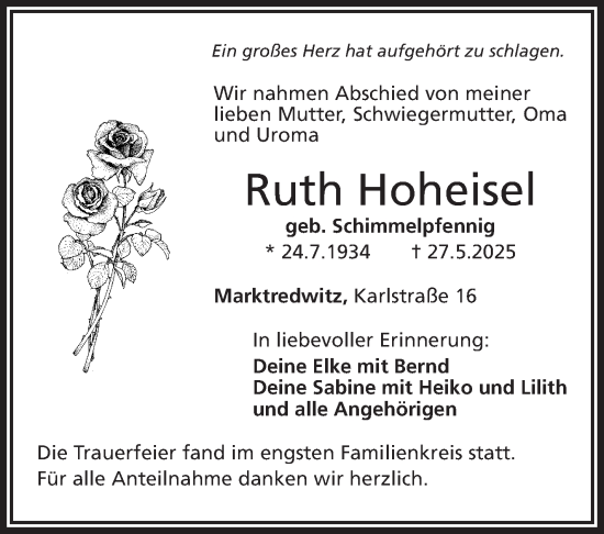 Traueranzeige von Ruth Hoheisel von Frankenpost