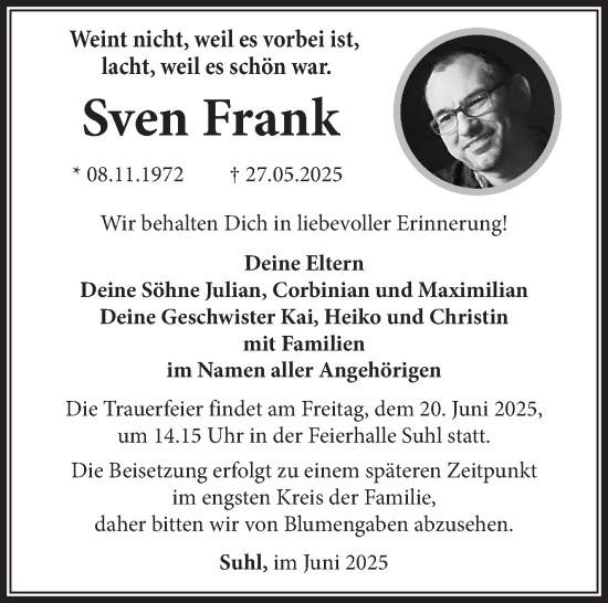 Traueranzeige von Sven Frank von Südthüringer Presse