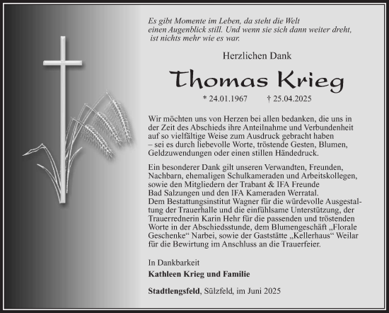 Traueranzeige von Thomas Krieg von Südthüringer Presse