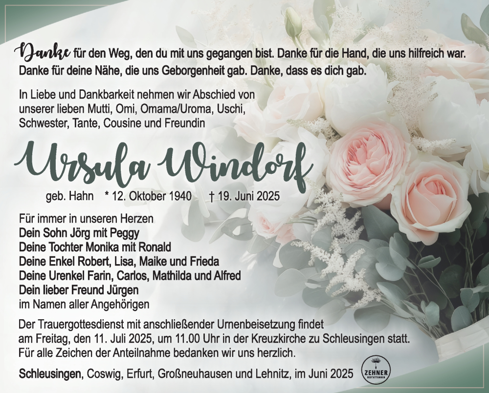  Traueranzeige für Ursula Weindorf vom 28.06.2025 aus Südthüringer Presse