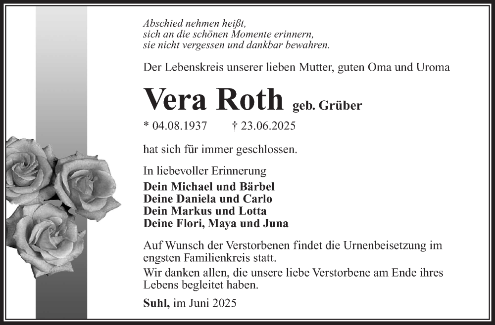  Traueranzeige für Vera Roth vom 28.06.2025 aus Südthüringer Presse