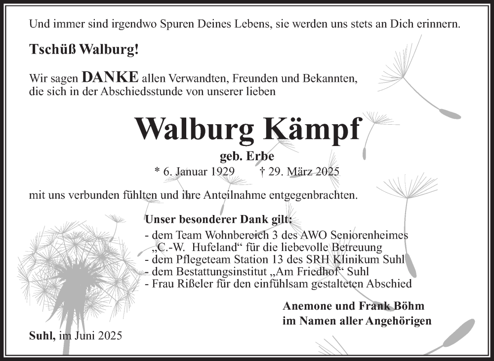 Traueranzeige für Walburg Kämpf vom 14.06.2025 aus Südthüringer Presse