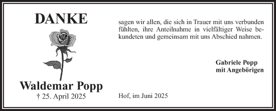 Traueranzeige von Waldemar Popp von Frankenpost