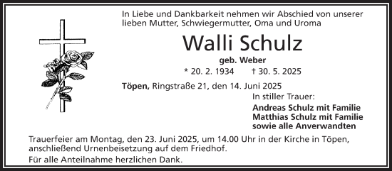Traueranzeige von Walli Schulz von Frankenpost