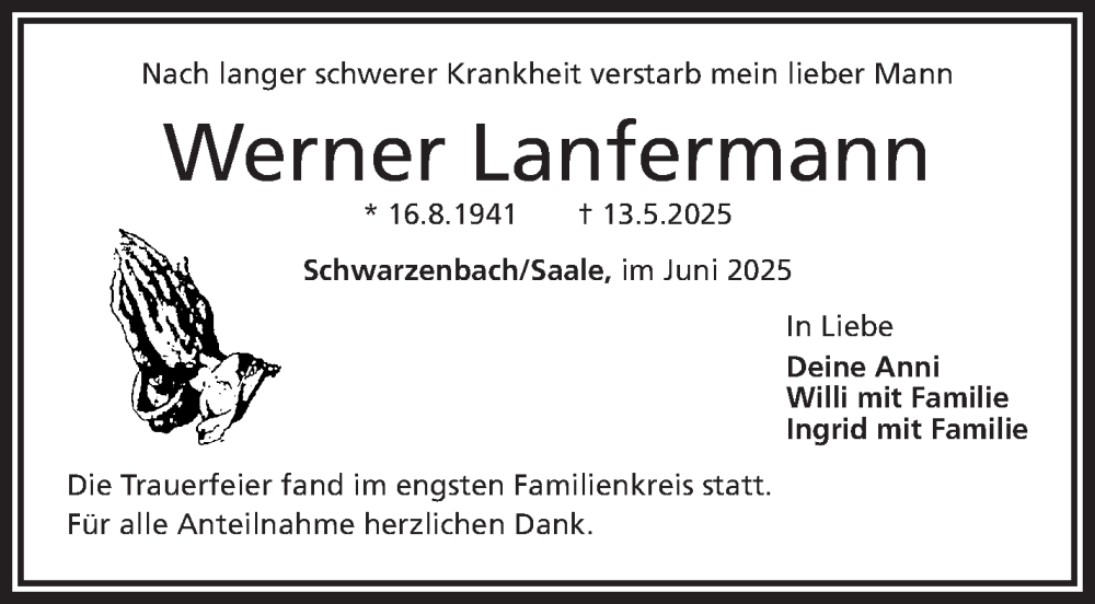  Traueranzeige für Werner Lanfermann vom 11.06.2025 aus Frankenpost