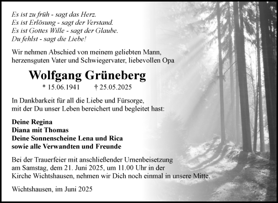 Traueranzeige von Wolfgang Grüneberg von Südthüringer Presse