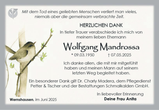 Traueranzeige von Wolfgang Mandrossa von Südthüringer Presse