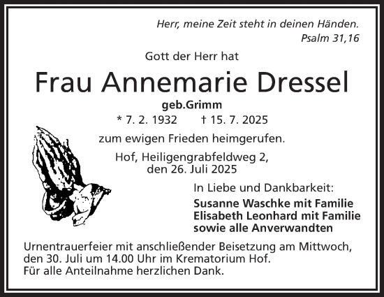 Traueranzeige von Annemarie Dressel von Frankenpost