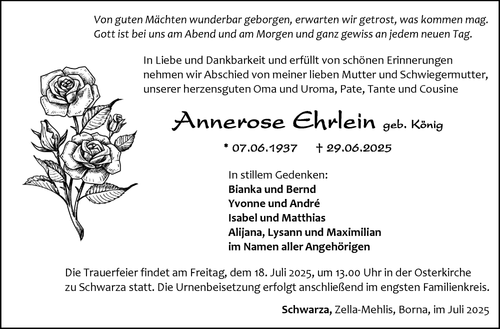  Traueranzeige für Annerose Ehrlein vom 12.07.2025 aus Südthüringer Presse