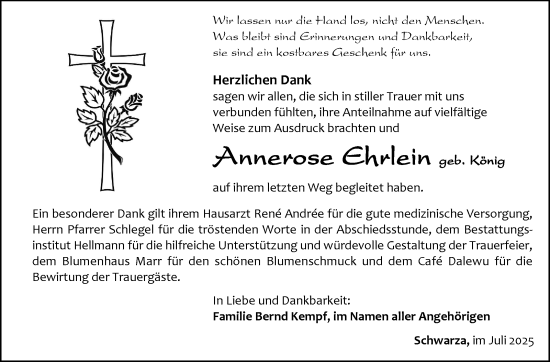 Traueranzeige von Annerose Ehrlein von Südthüringer Presse