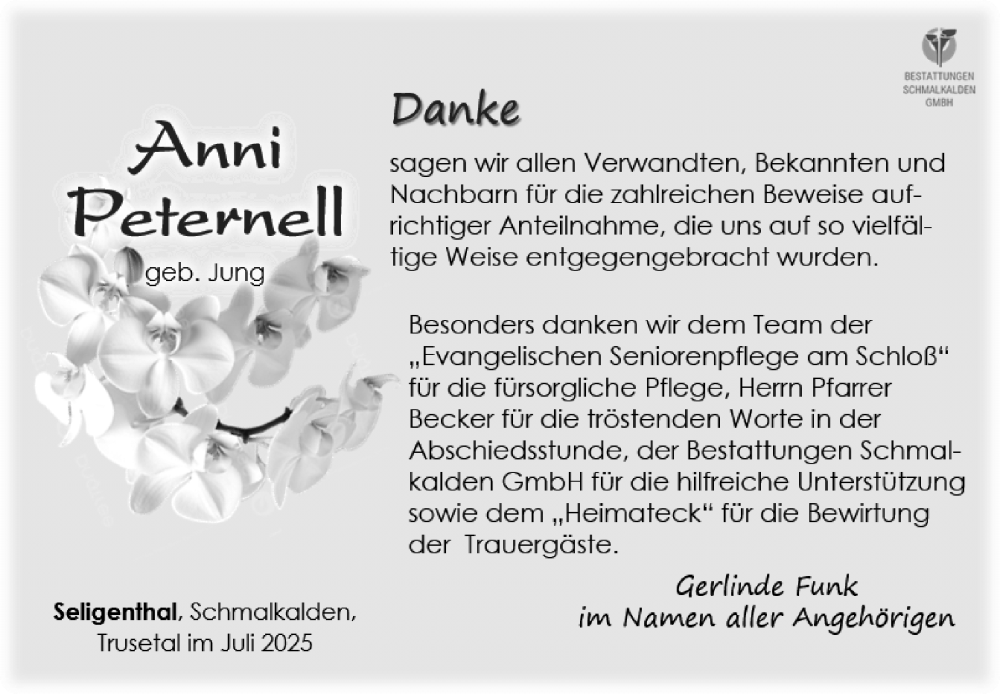  Traueranzeige für Anni Peternell vom 12.07.2025 aus Südthüringer Presse