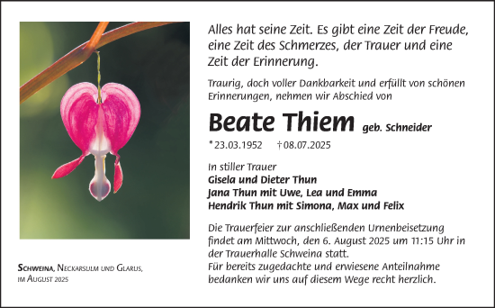 Traueranzeige von Beate Thiem von Südthüringer Presse
