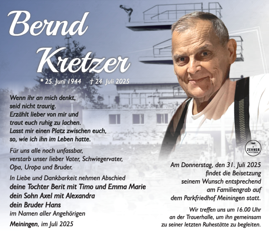 Traueranzeige von Bernd Kretzer von Südthüringer Presse