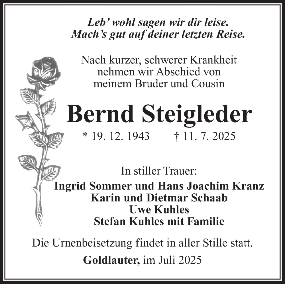  Traueranzeige für Bernd Steigleder vom 26.07.2025 aus Südthüringer Presse