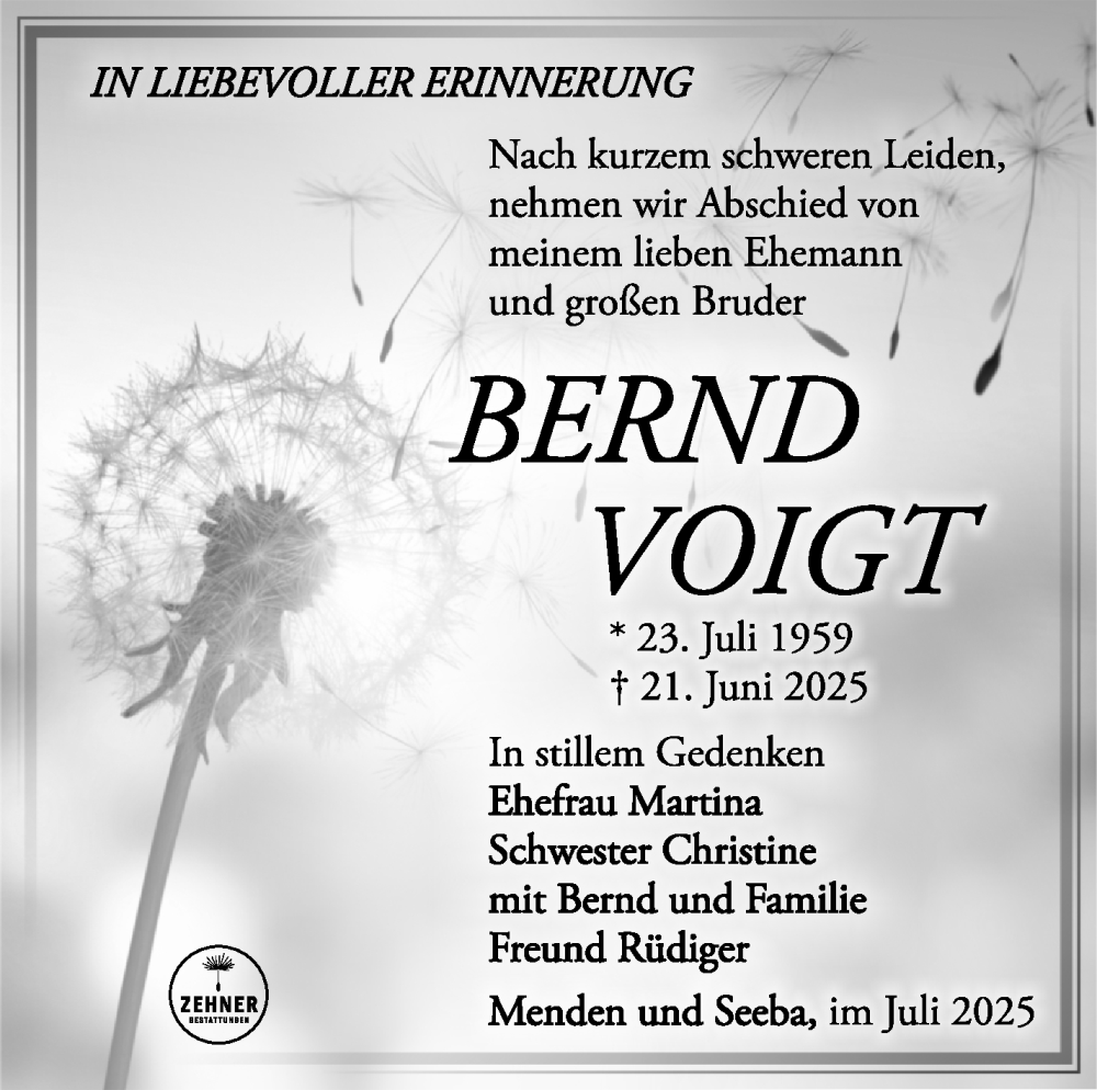  Traueranzeige für Bernd Voigt vom 12.07.2025 aus Südthüringer Presse