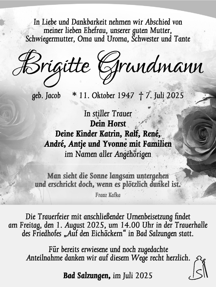  Traueranzeige für Brigitte Grundmann vom 26.07.2025 aus Südthüringer Presse