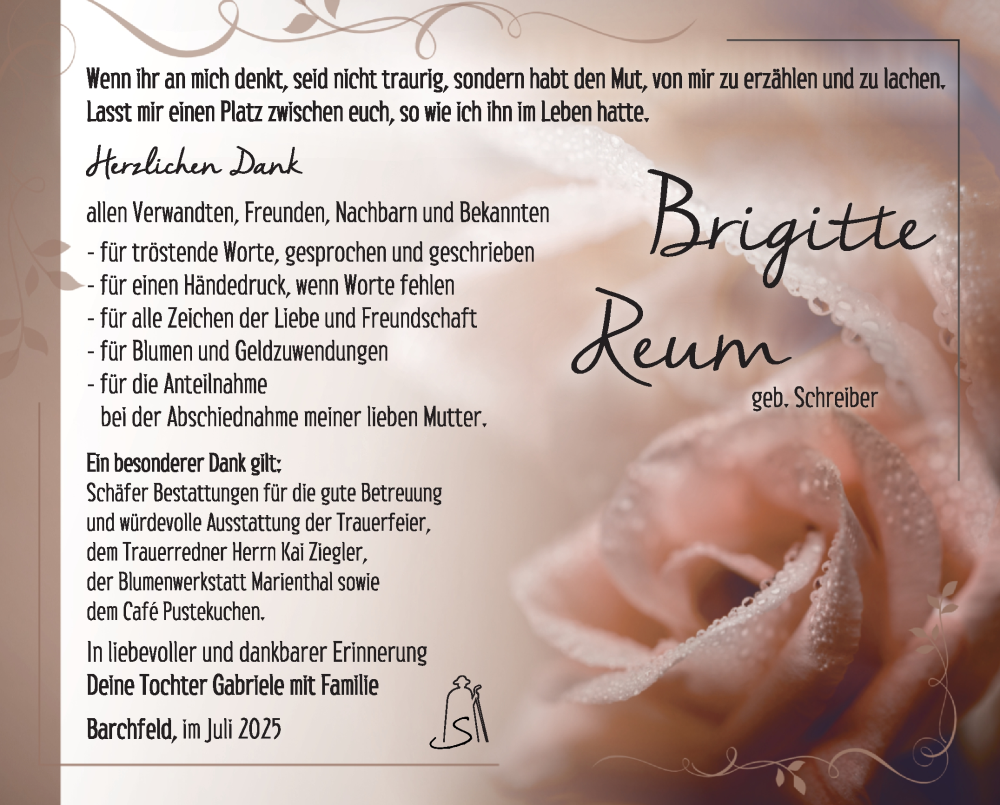  Traueranzeige für Brigitte Reum vom 04.07.2025 aus Südthüringer Presse