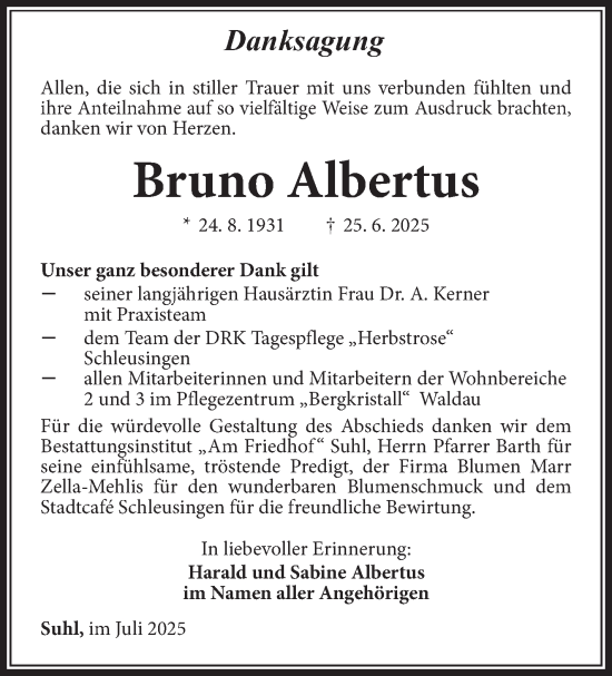 Traueranzeige von Bruno Albertus von Südthüringer Presse