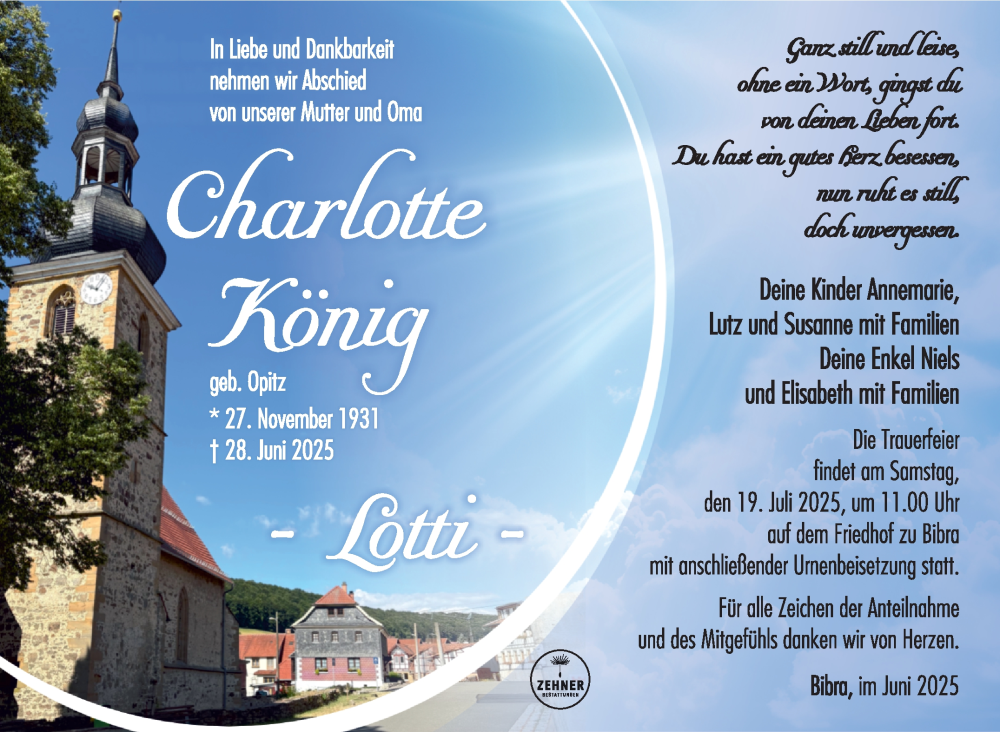  Traueranzeige für Charlotte König vom 11.07.2025 aus Südthüringer Presse