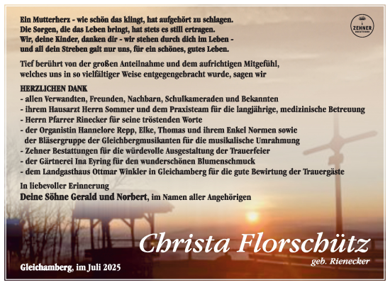 Traueranzeige von Christa Florschütz von Südthüringer Presse