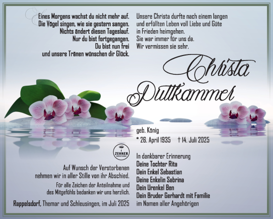 Traueranzeige von Christa Puttkammer von Südthüringer Presse