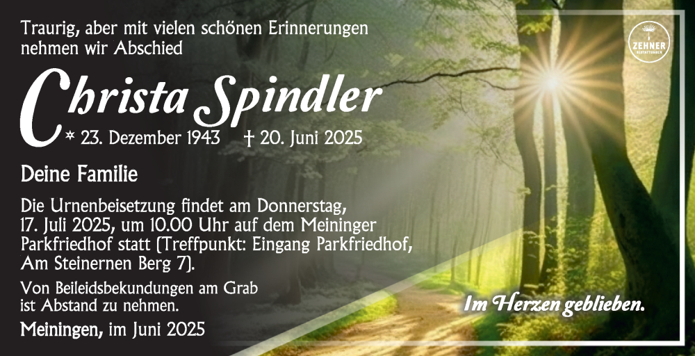  Traueranzeige für Christa Spindler vom 11.07.2025 aus Südthüringer Presse