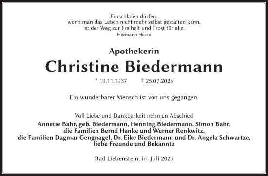 Traueranzeige von Christine Biedermann von Südthüringer Presse