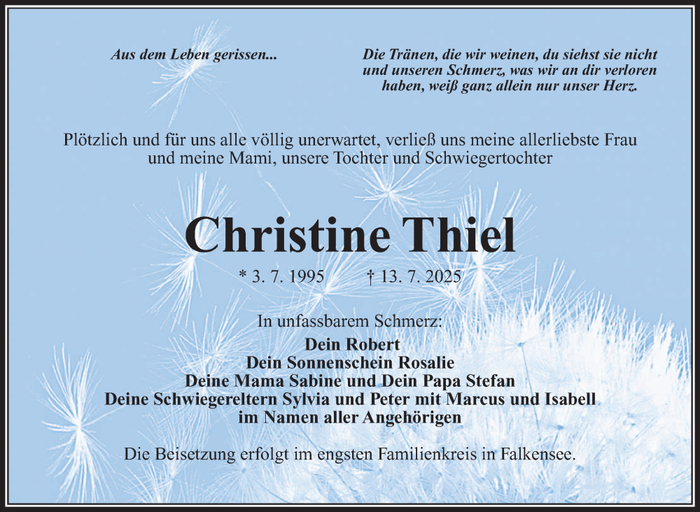  Traueranzeige für Christine Thiel vom 26.07.2025 aus Südthüringer Presse