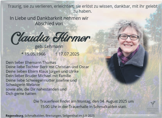 Traueranzeige von Claudia Hirmer von Südthüringer Presse