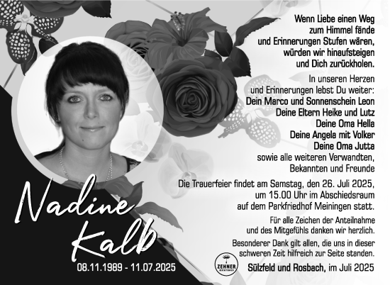 Traueranzeige von Nadine Kalb von Südthüringer Presse