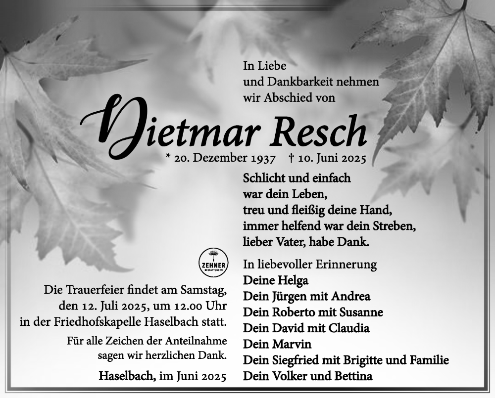  Traueranzeige für Dietmar Resch vom 05.07.2025 aus Südthüringer Presse