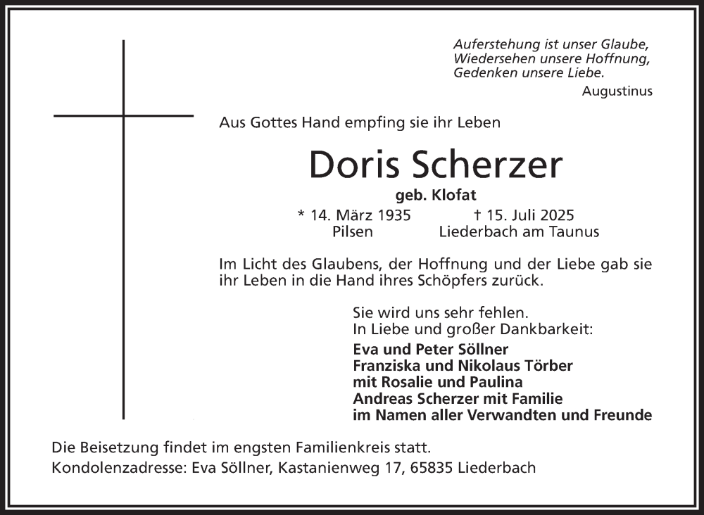  Traueranzeige für Doris Scherzer vom 26.07.2025 aus Frankenpost