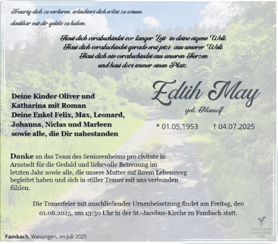Traueranzeige von Edith May von Südthüringer Presse