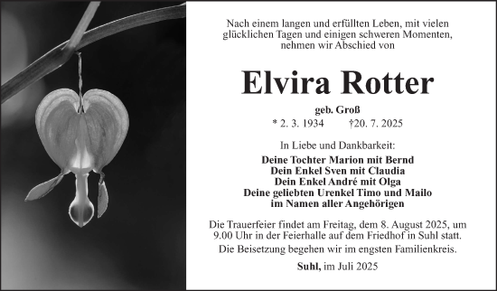 Traueranzeige von Elvira Rotter von Südthüringer Presse