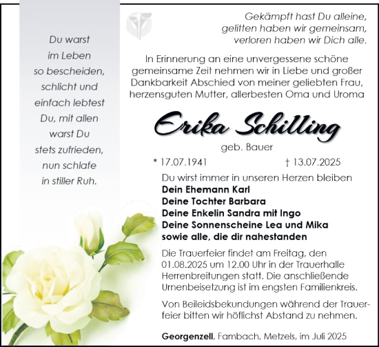 Traueranzeige von Erika Schilling von Südthüringer Presse