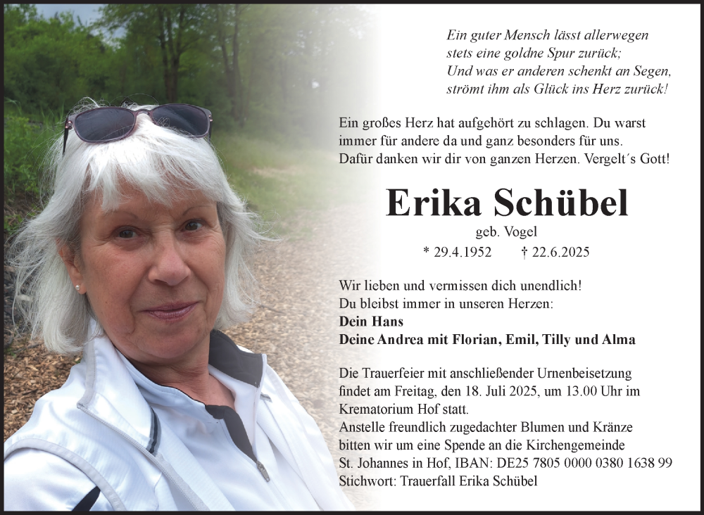  Traueranzeige für Erika Schübel vom 12.07.2025 aus Frankenpost