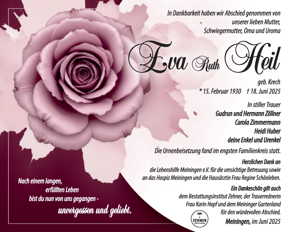  Traueranzeige für Eva Ruth Heil vom 12.07.2025 aus Südthüringer Presse