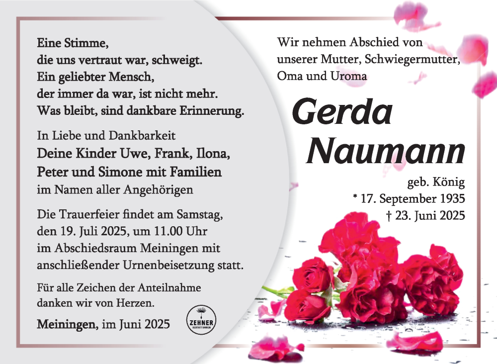  Traueranzeige für Gerda Naumann vom 05.07.2025 aus Südthüringer Presse