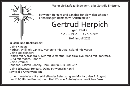 Traueranzeige von Gertrud Herpich von Frankenpost