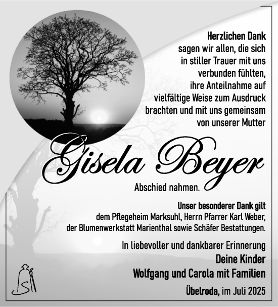 Traueranzeige von Gisela Beyer von Südthüringer Presse
