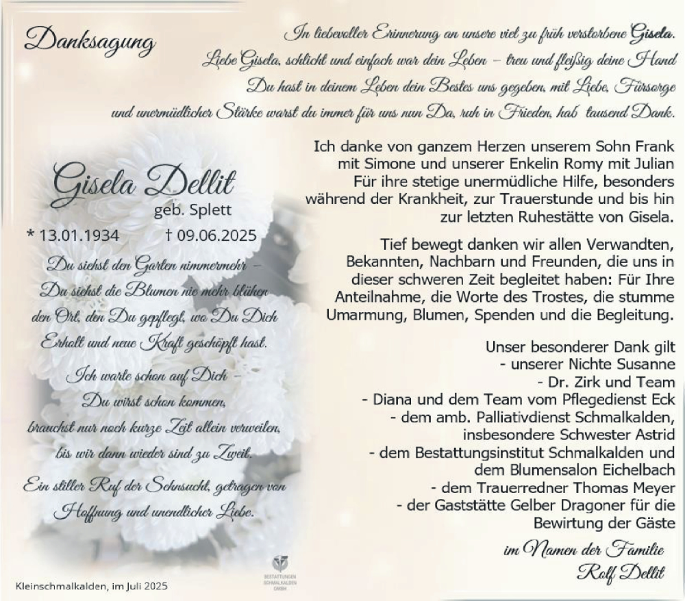  Traueranzeige für Gisela Dellit vom 12.07.2025 aus Südthüringer Presse
