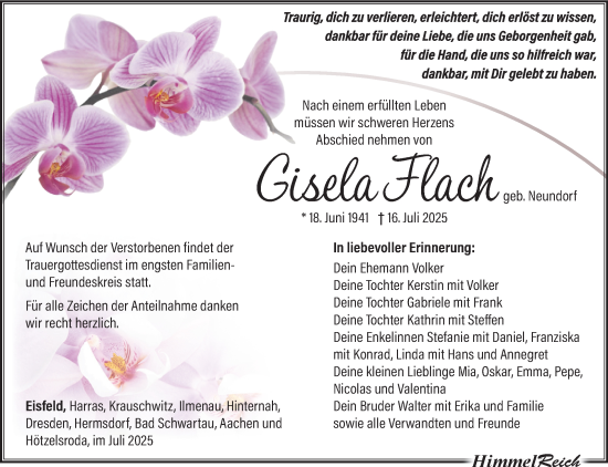 Traueranzeige von Gisela Flach von Südthüringer Presse
