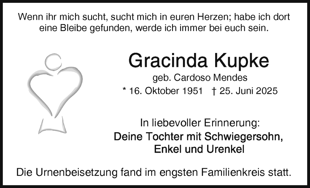 Traueranzeige für Gracinda Kupke vom 26.07.2025 aus Frankenpost