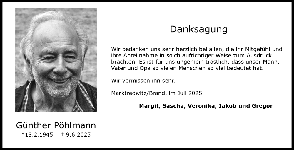  Traueranzeige für Günther Pöhlmann vom 12.07.2025 aus Frankenpost