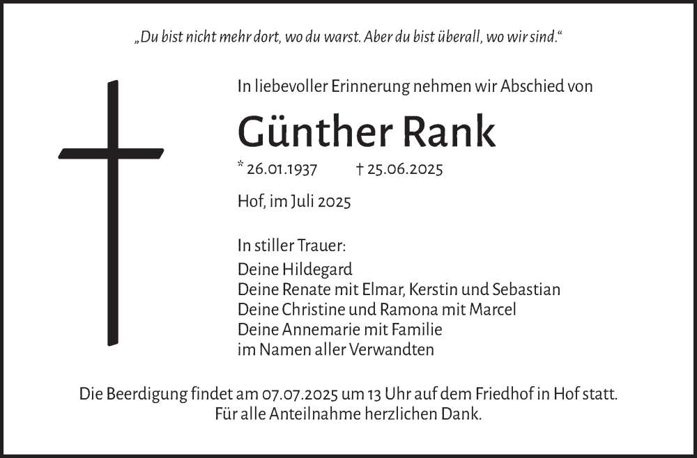  Traueranzeige für Günther Rank vom 05.07.2025 aus Frankenpost