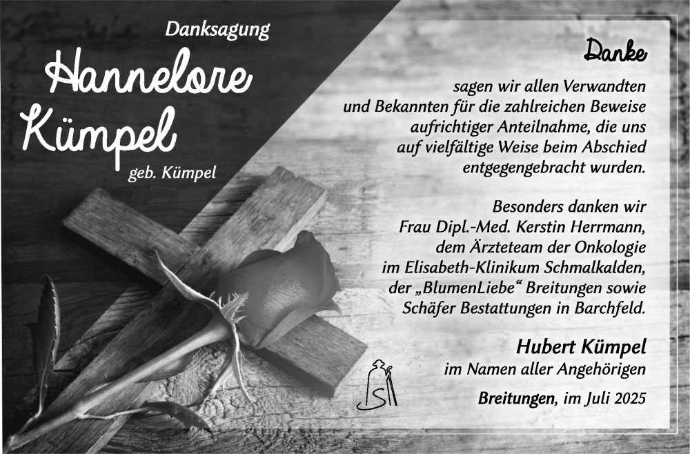  Traueranzeige für Hannelore Kümpel vom 04.07.2025 aus Südthüringer Presse